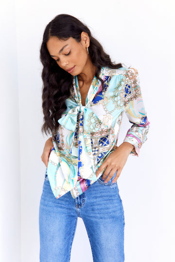 SALE - Camden Scarf Print Tie Neck Blouse