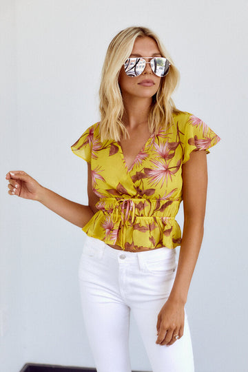 Rina Palm Print Faux Wrap Blouse