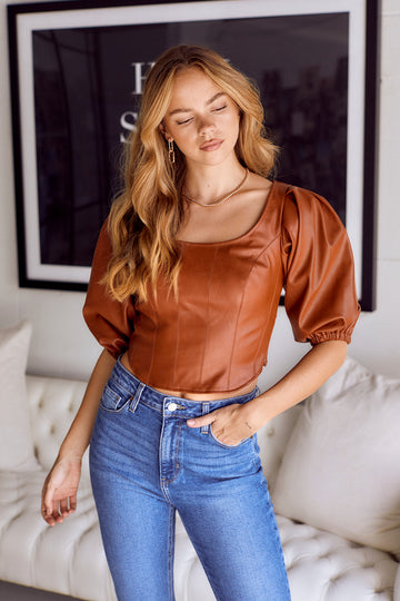 Gradey Faux Leather Puff Sleeve Top