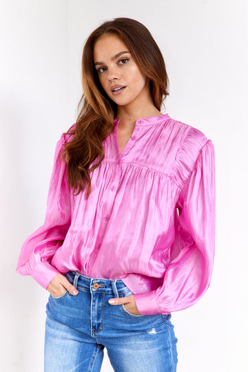 SALE - Vanessa Satin Shirred Button Blouse