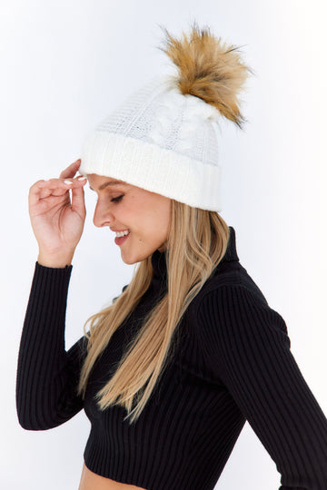 Iris Cable Knit Faux Fur Pom Hat