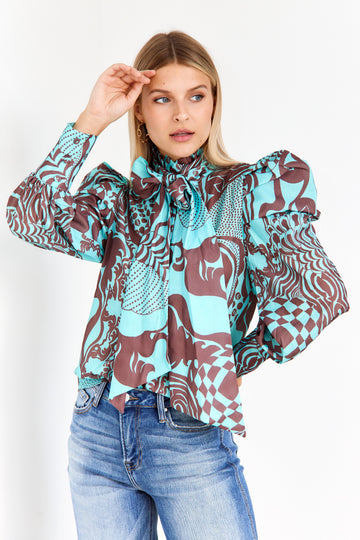 SALE - Emerson Abstract Print Tie Neck Blouse