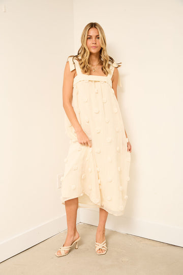 Angelina Floral Embroidery Shoulder Tie Midi Dress