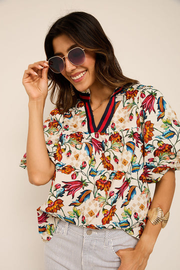 Kendall Stripe Trim Floral Print Top