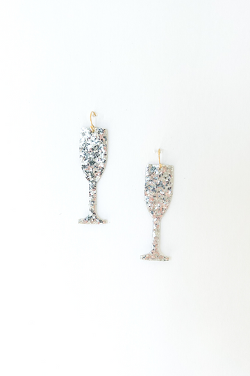 Monica Silver Glitter Champagne Glass Earrings