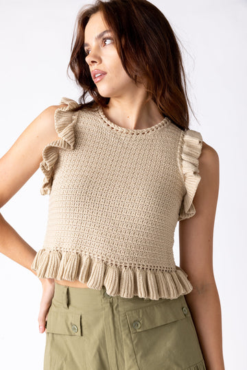 Lenny Ruffled Crochet Knit Top - L - taupe