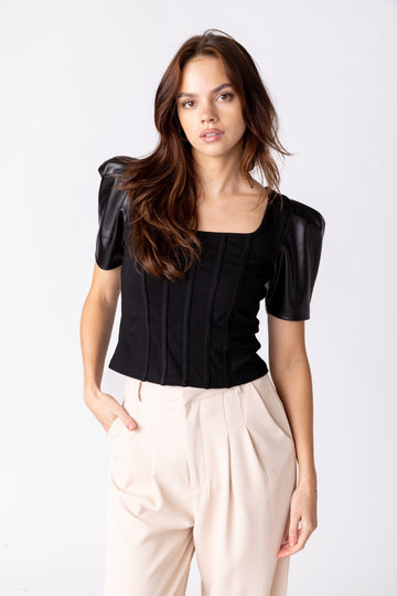 SALE - Zoya Leather Sleeve Corset Top