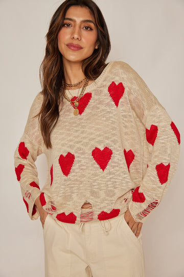 Isabel Distressed Color Contrast Heart Sweater