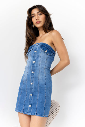 SALE - Lara Denim Tube Button Mini Dress