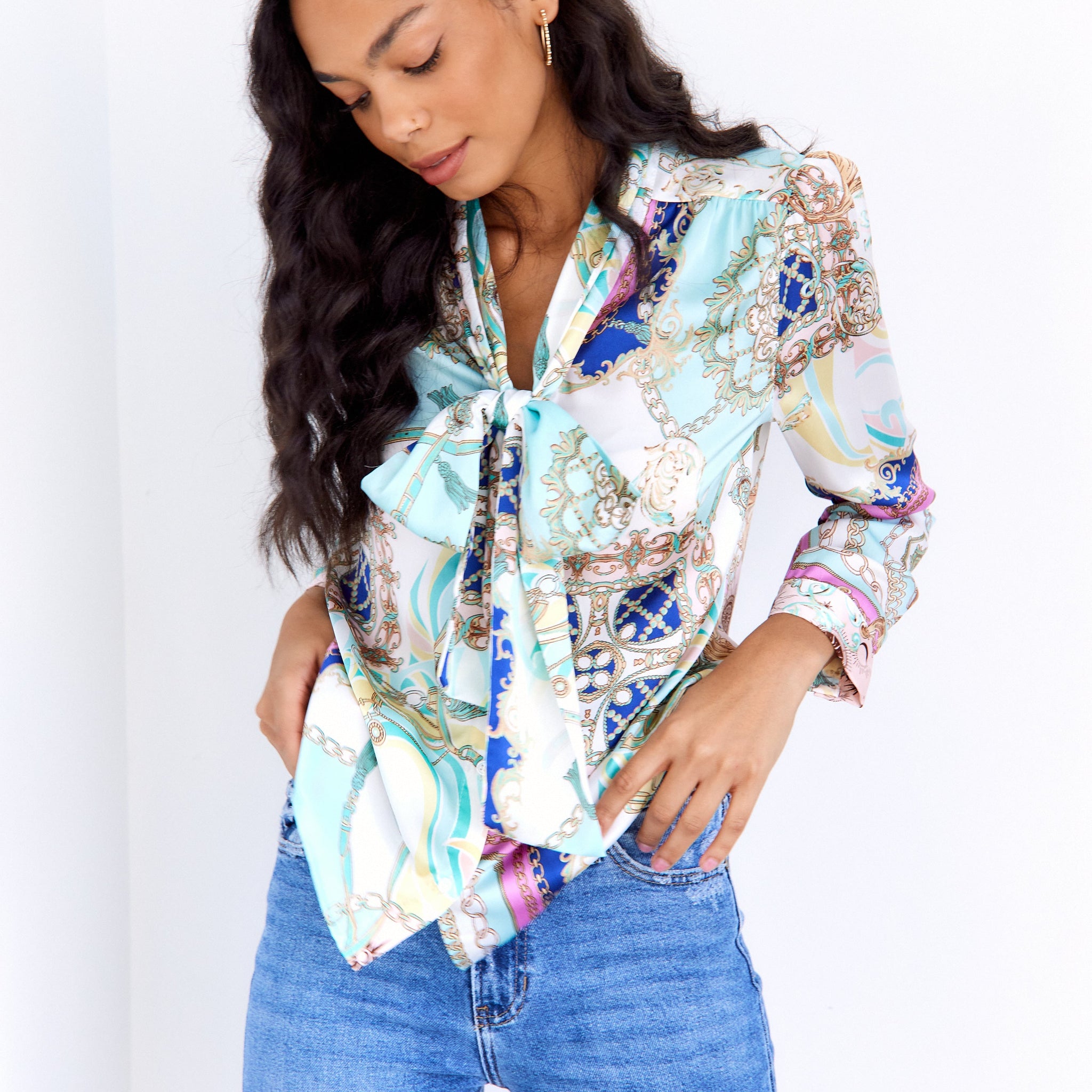 SALE - Camden Scarf Print Tie Neck Blouse