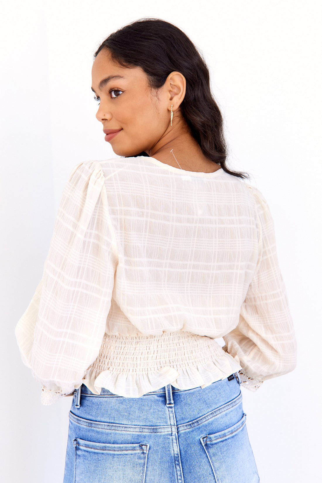 SALE - Carmella Lace Trim Smock Waist Blouse