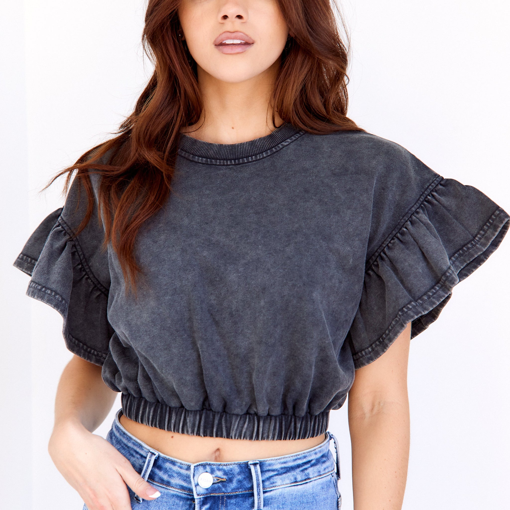 SALE - Chelsea Washed Flutter Sleeve Top