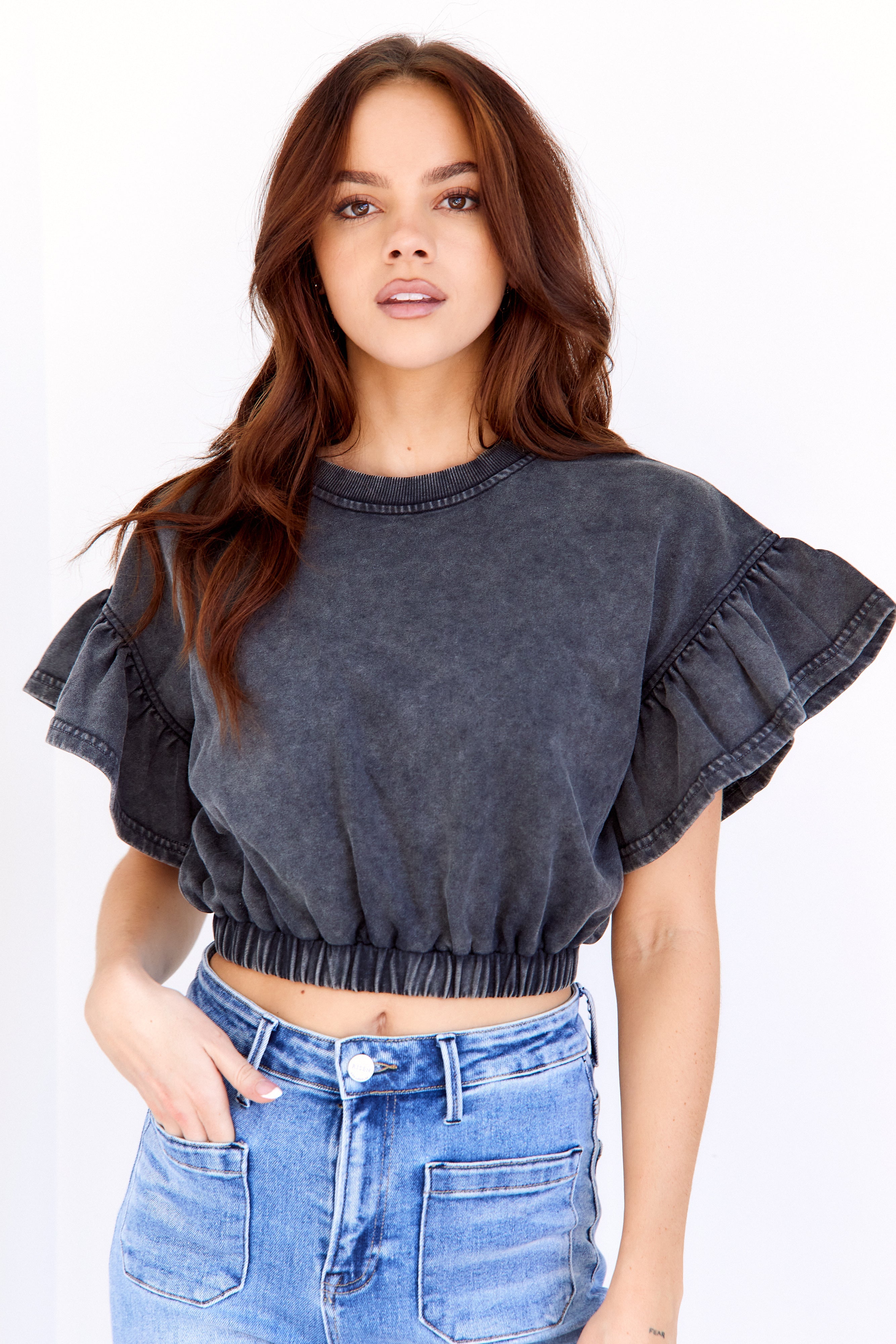 SALE - Chelsea Washed Flutter Sleeve Top