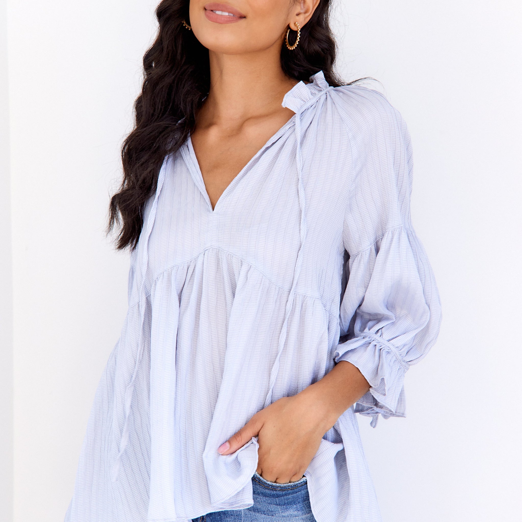 Aspen Textured Stripe Tie Neck Blouse