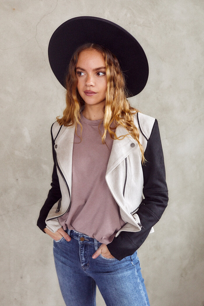 Ivy Knit Sleeve Faux Suede Jacket