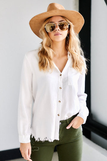 Darby Distressed Hem Button Down Top