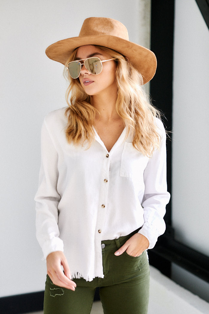 Darby Distressed Hem Button Down Top