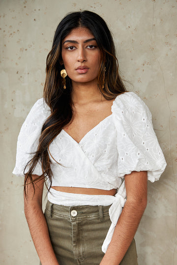 Higgins Eyelet Puff Sleeve Cropped Blouse