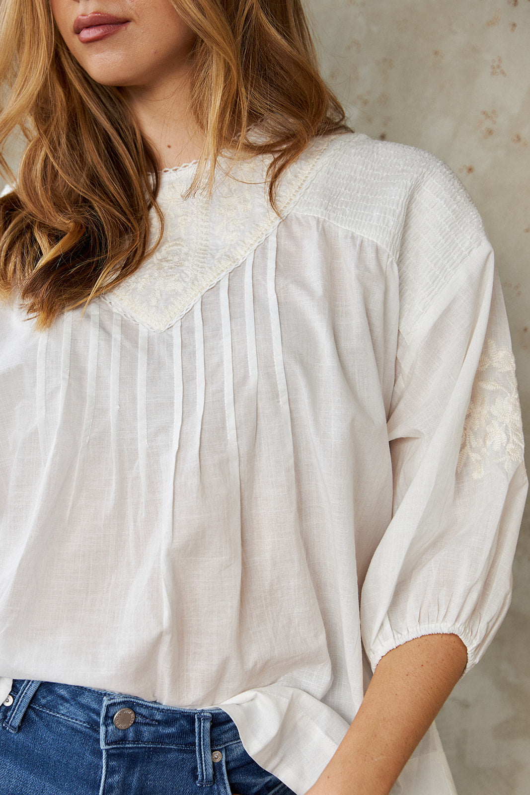 Lois Smocked Detail Embroidered Blouse