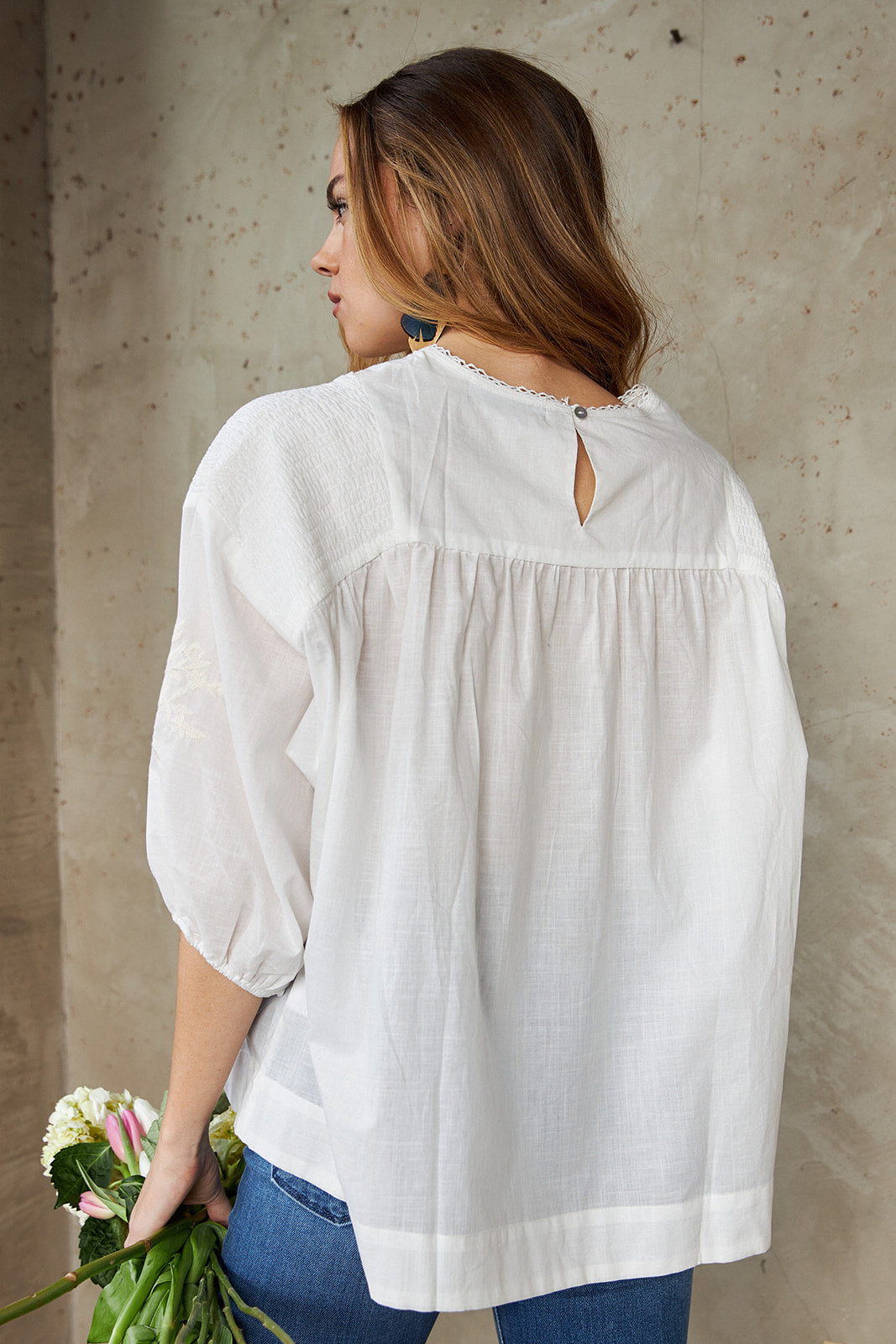 Lois Smocked Detail Embroidered Blouse