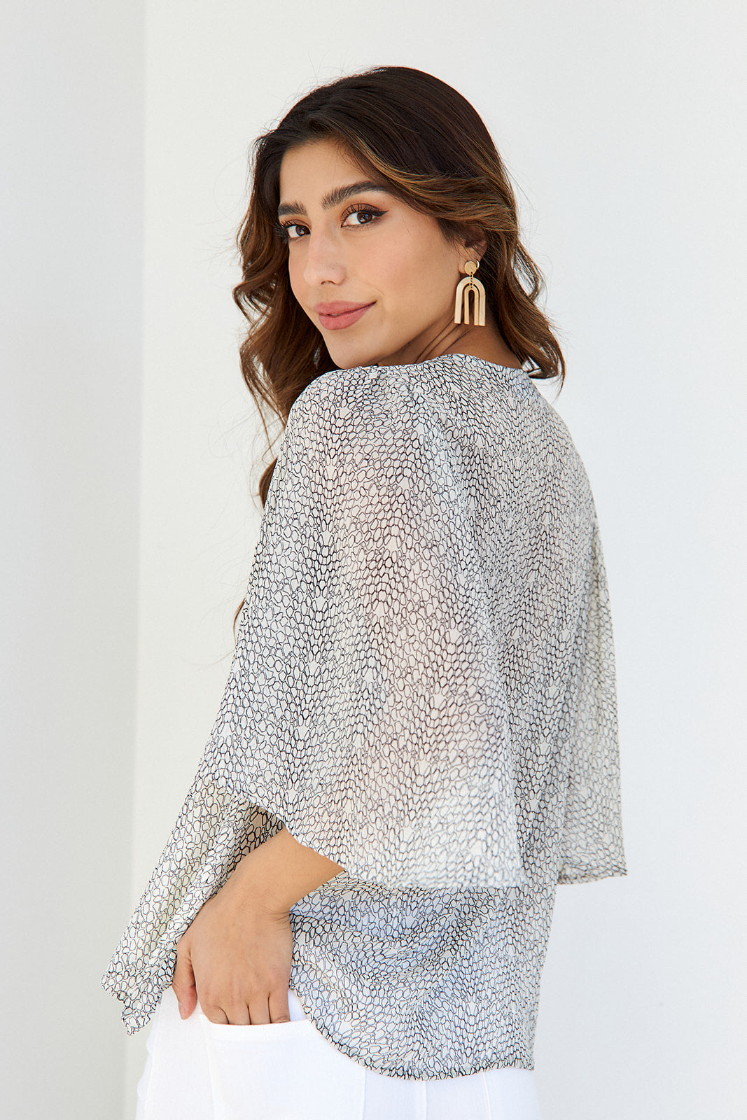 Monet Printed Ruffled Sleeve Blouse