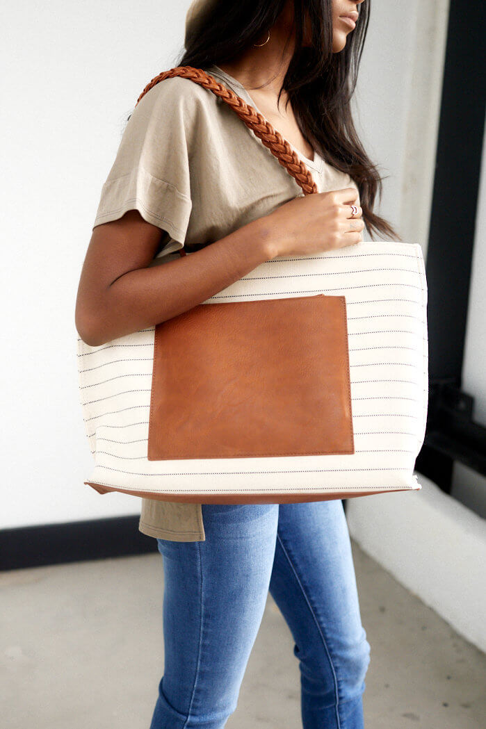 Bridgette Stripe Tote with Braided Handle