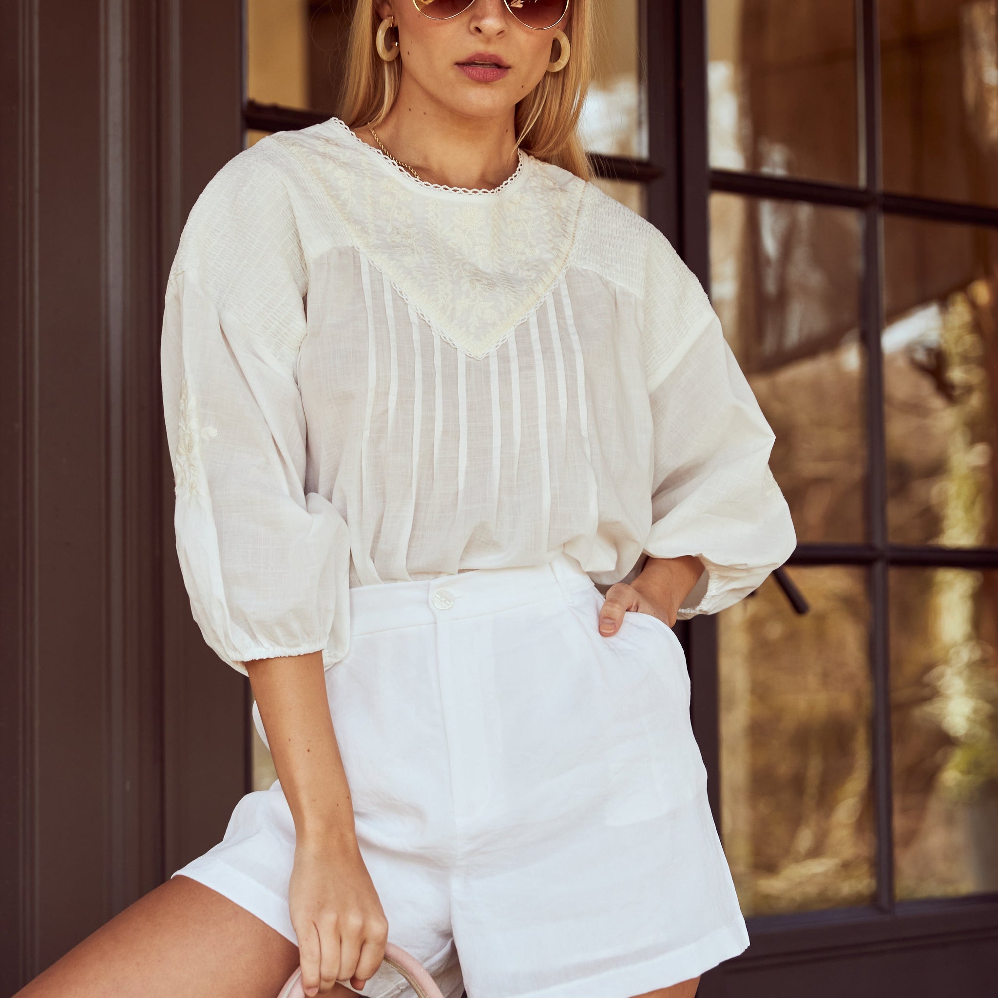 Lois Smocked Detail Embroidered Blouse