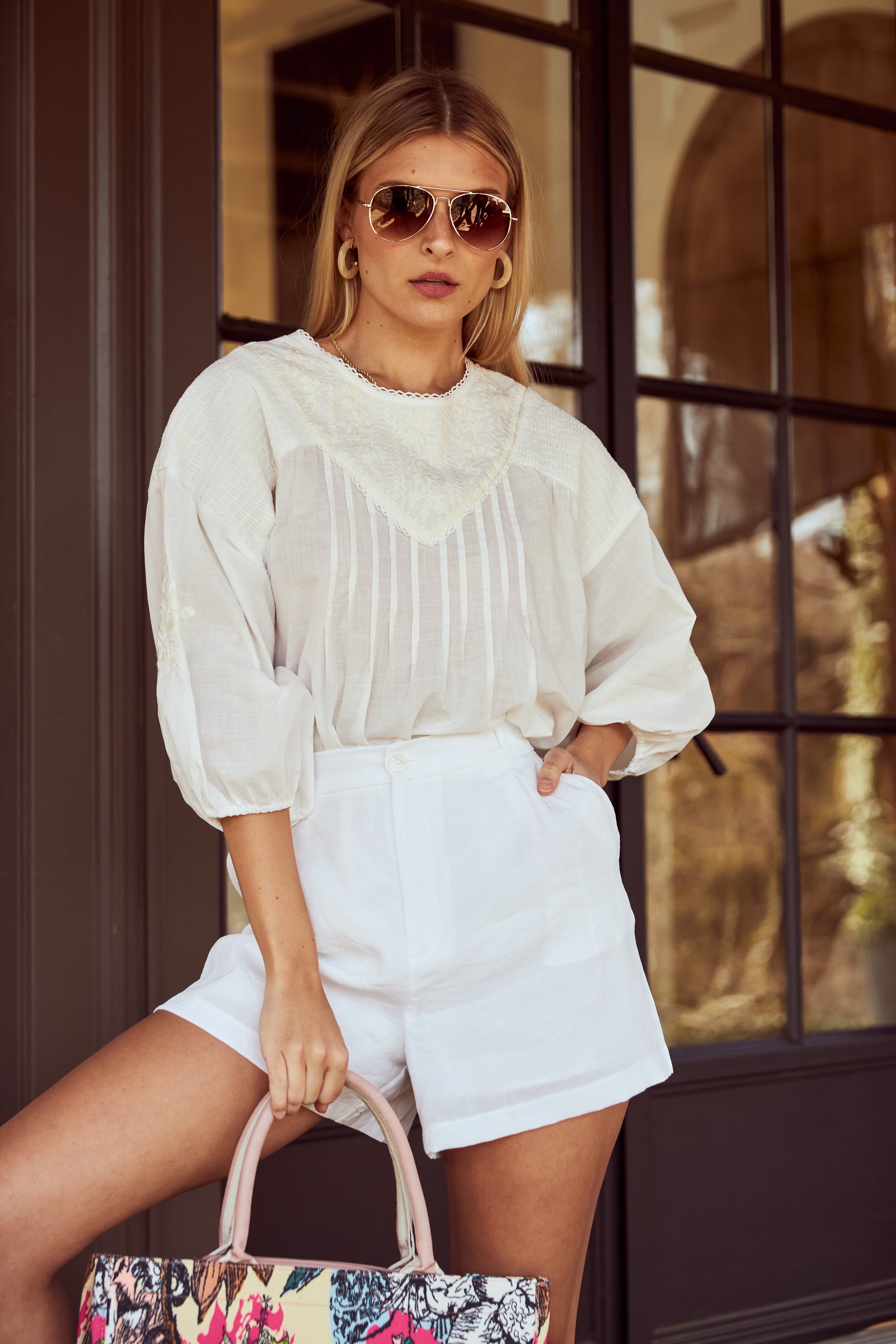 Lois Smocked Detail Embroidered Blouse