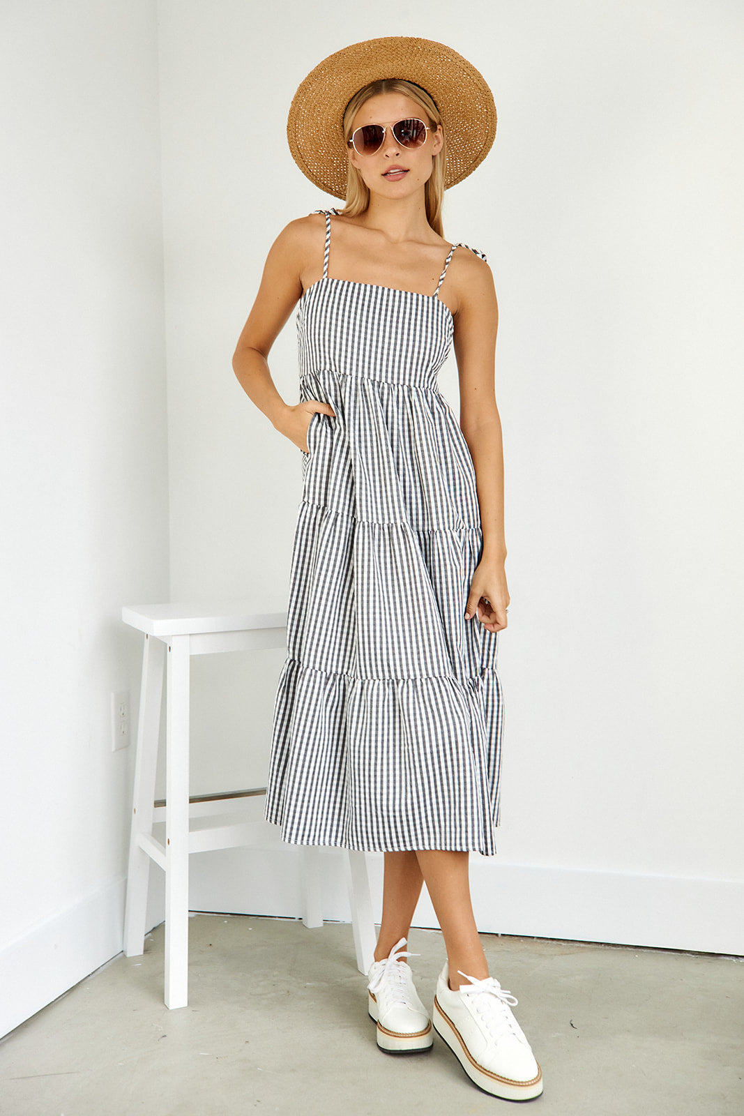 Aria Gingham Tiered Midi Dress