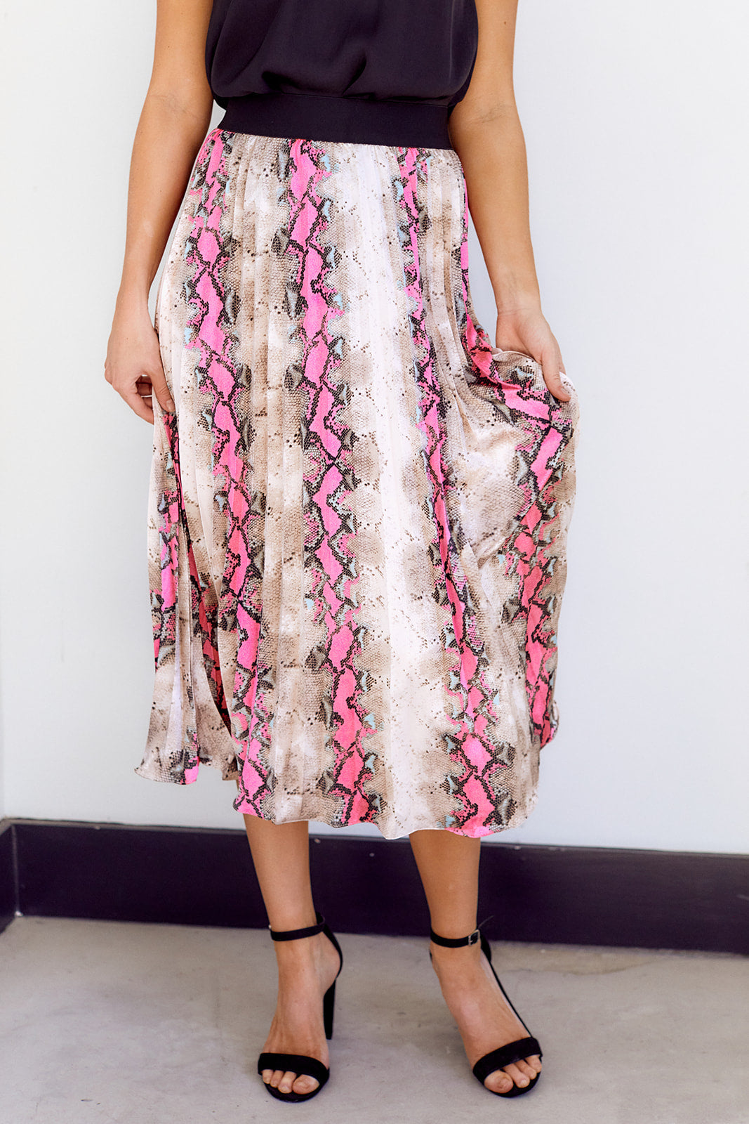 Mae Pleated Snake Print Midi Skirt