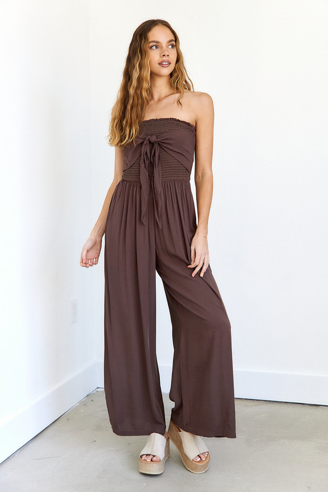 Ivy Front Tie Smocked Jumpsuit