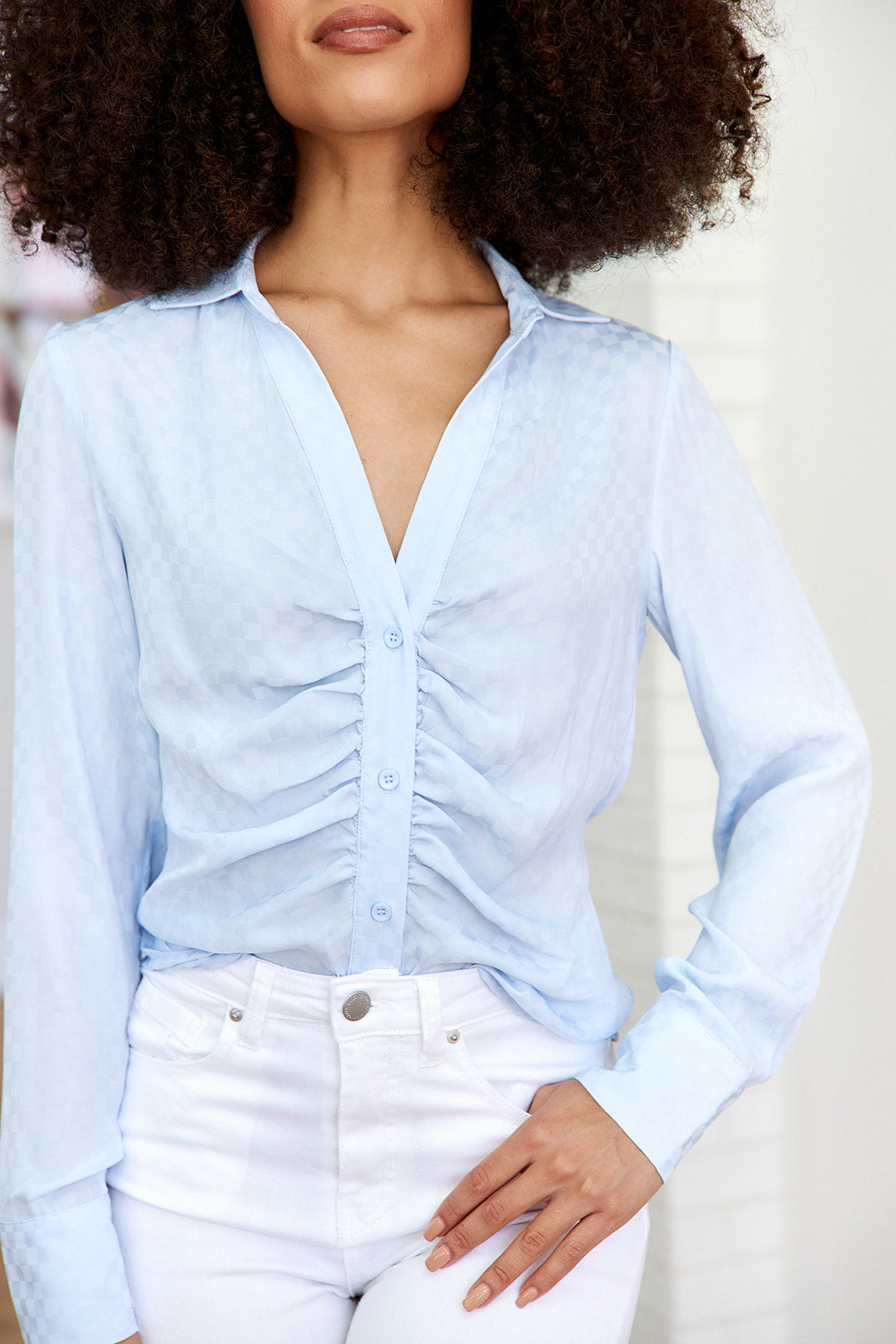 Zia Ruched Button Front Shirt