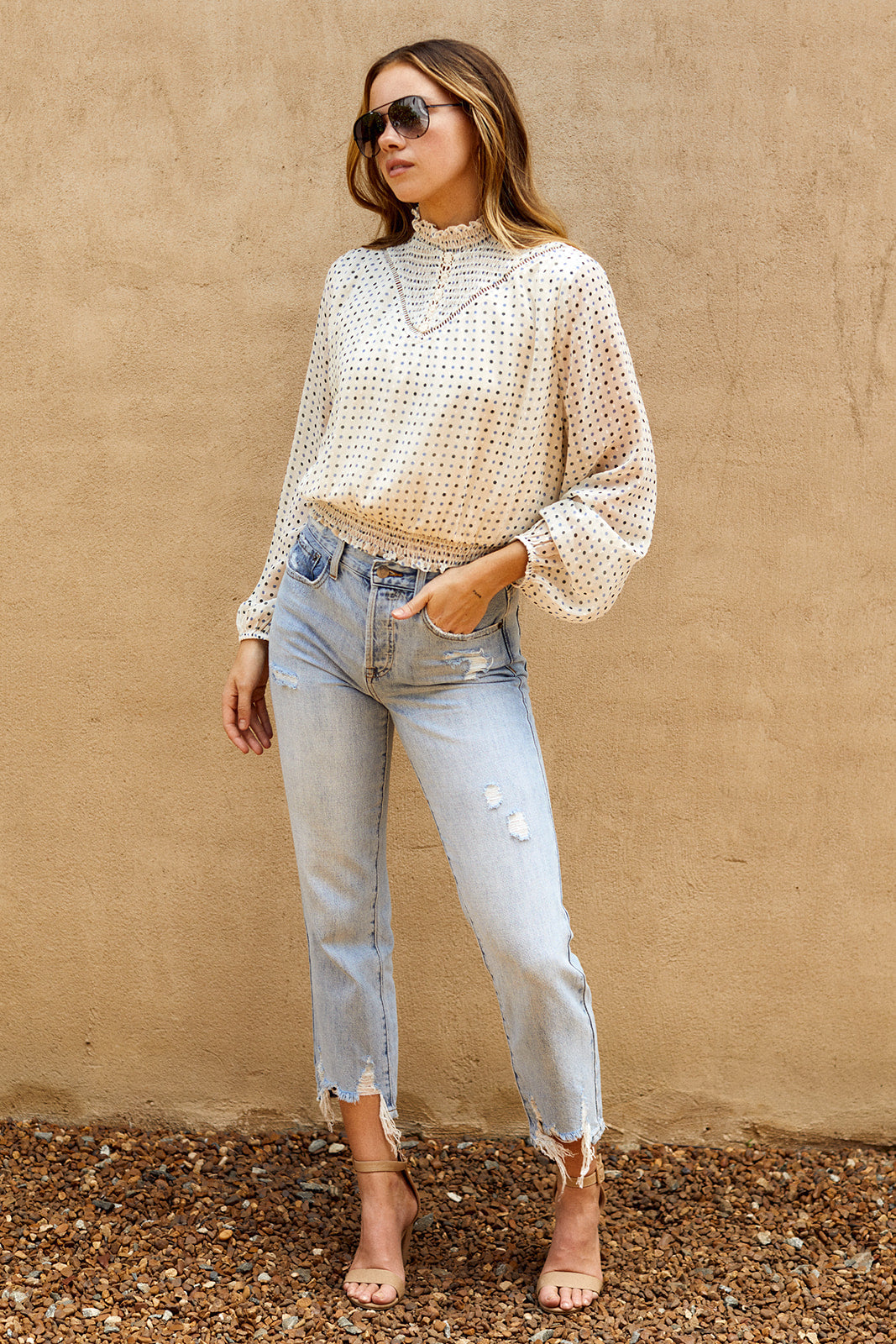Cedra Polka Dot Mock Neck Blouse