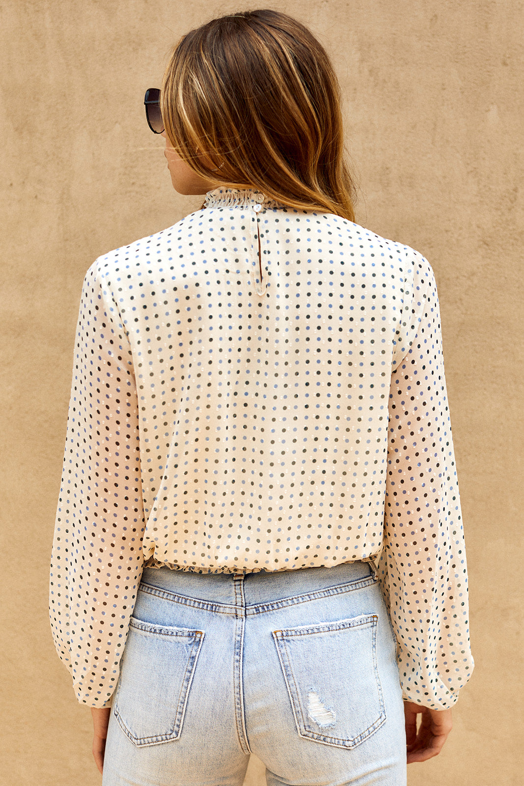 Cedra Polka Dot Mock Neck Blouse