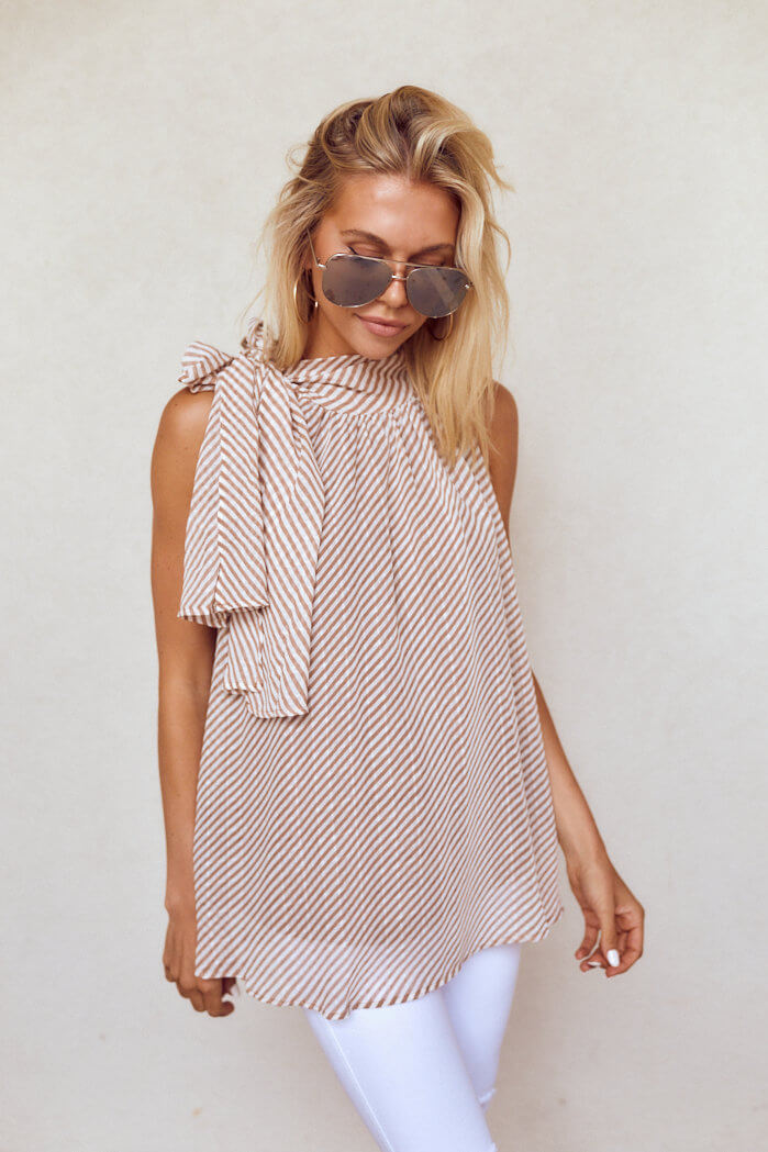 Alisson Sleeveless Stripe Tie Neck Blouse