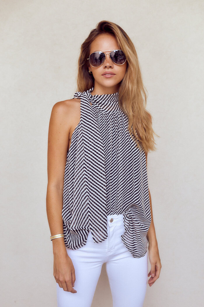 Alisson Sleeveless Stripe Tie Neck Blouse