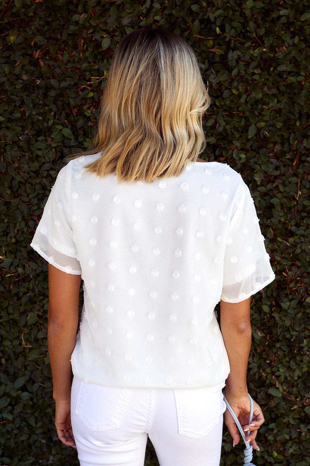 Katie White Pom Detail Short Sleeve Top