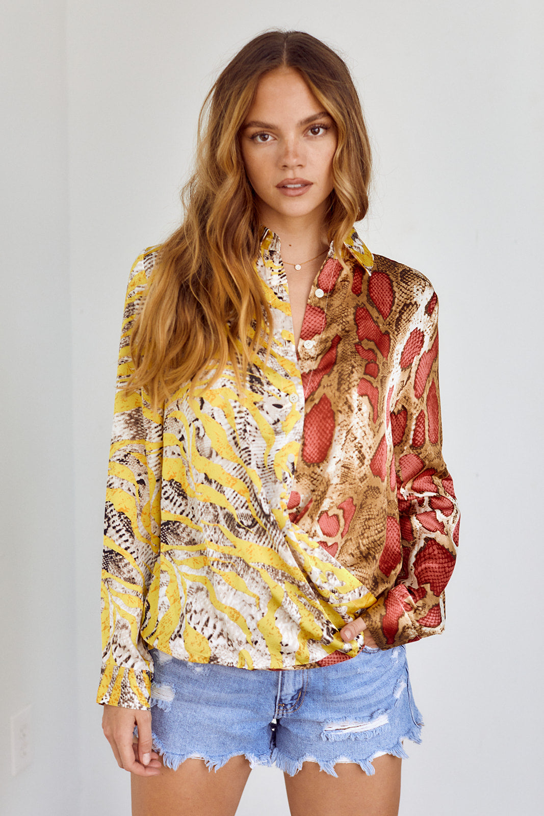 Kylie Mixed Print Surplice Blouse