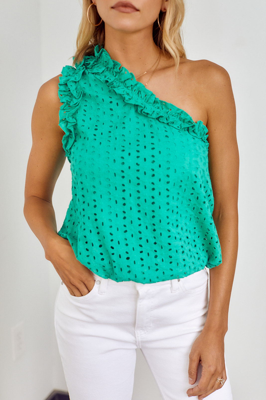 Corinna One Shoulder Eyelet Blouse