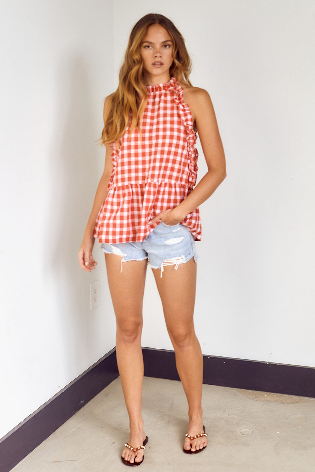 Shoshanna Gingham Ruffled Halter Blouse