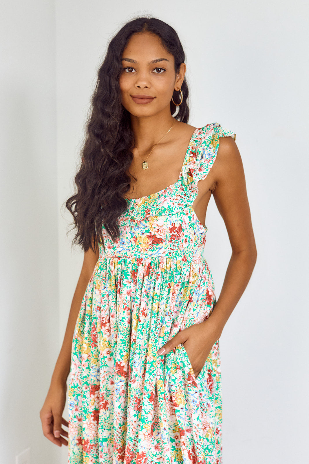 Bevi Ruffled Trim Floral Maxi Dress