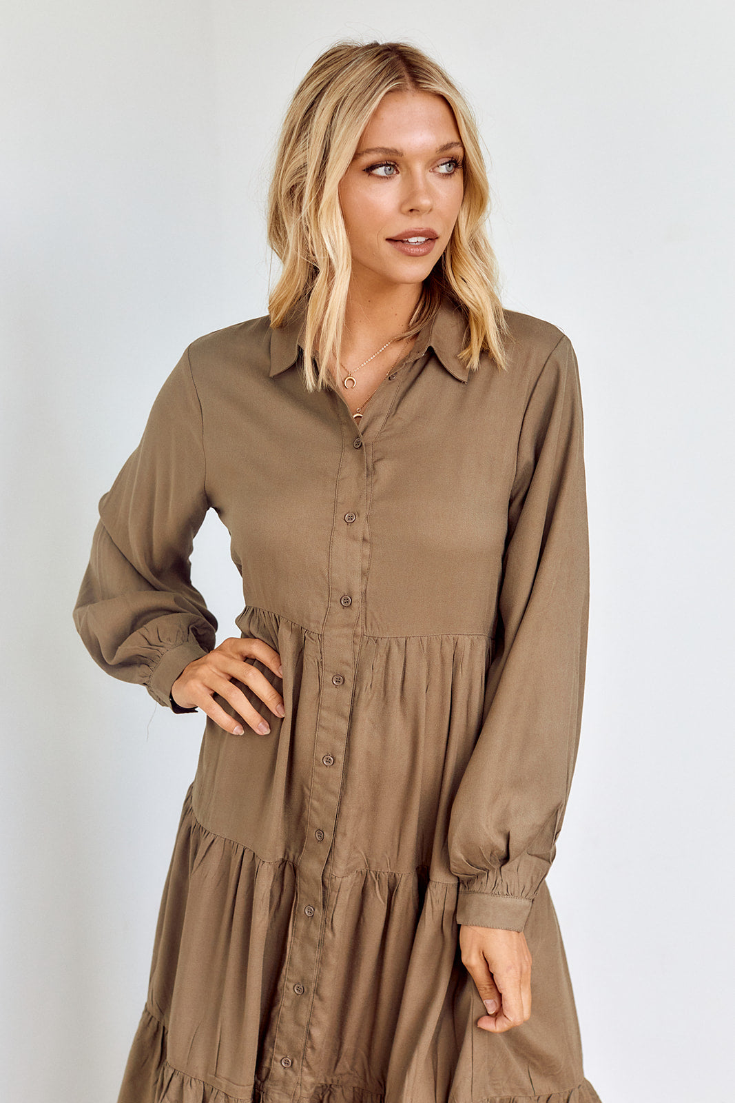 Deni Long Sleeve Tiered Midi Dress
