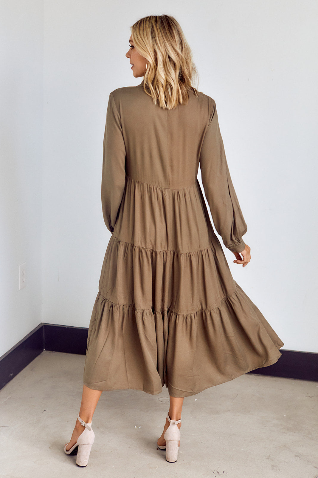 Deni Long Sleeve Tiered Midi Dress