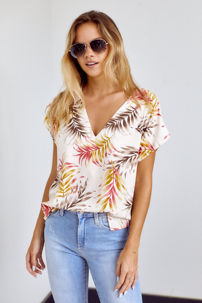 Maya Palm Print V Neck Blouse