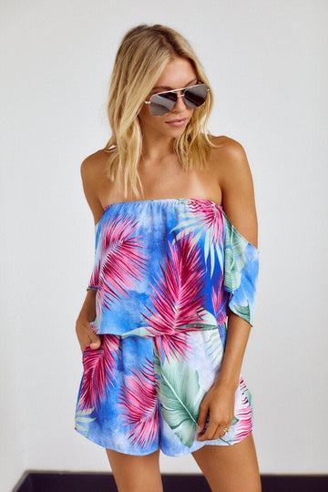 Zoey Off Shoulder Palm Print Romper