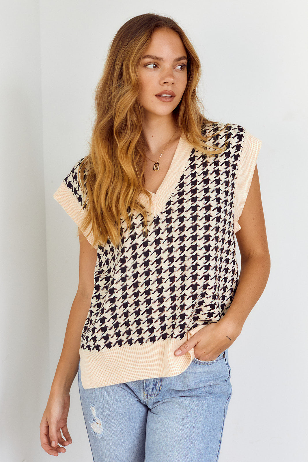 Laine Herringbone Short Sleeve Sweater