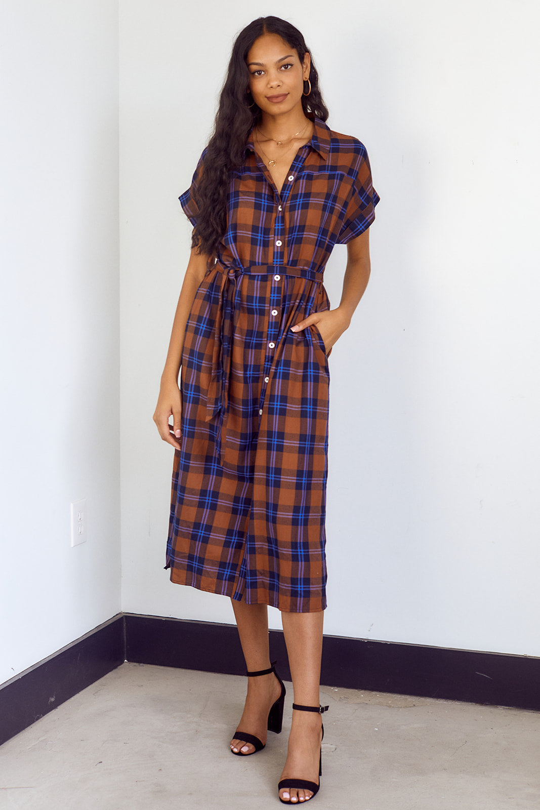 Flores Plaid Button Down Midi Dress
