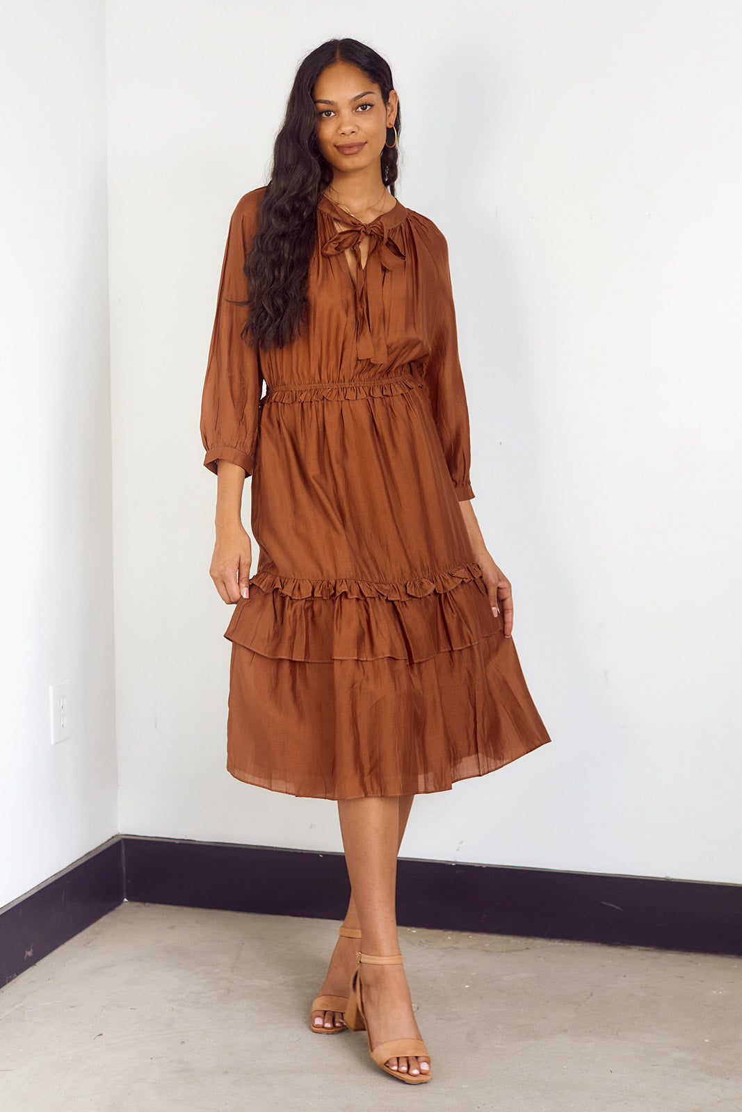 Benefield Tie Neck Tiered Midi Dress