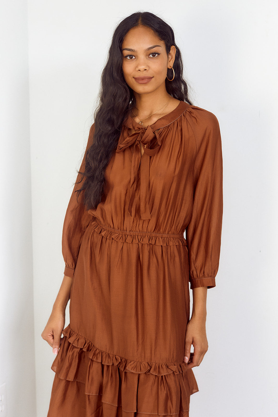 Benefield Tie Neck Tiered Midi Dress