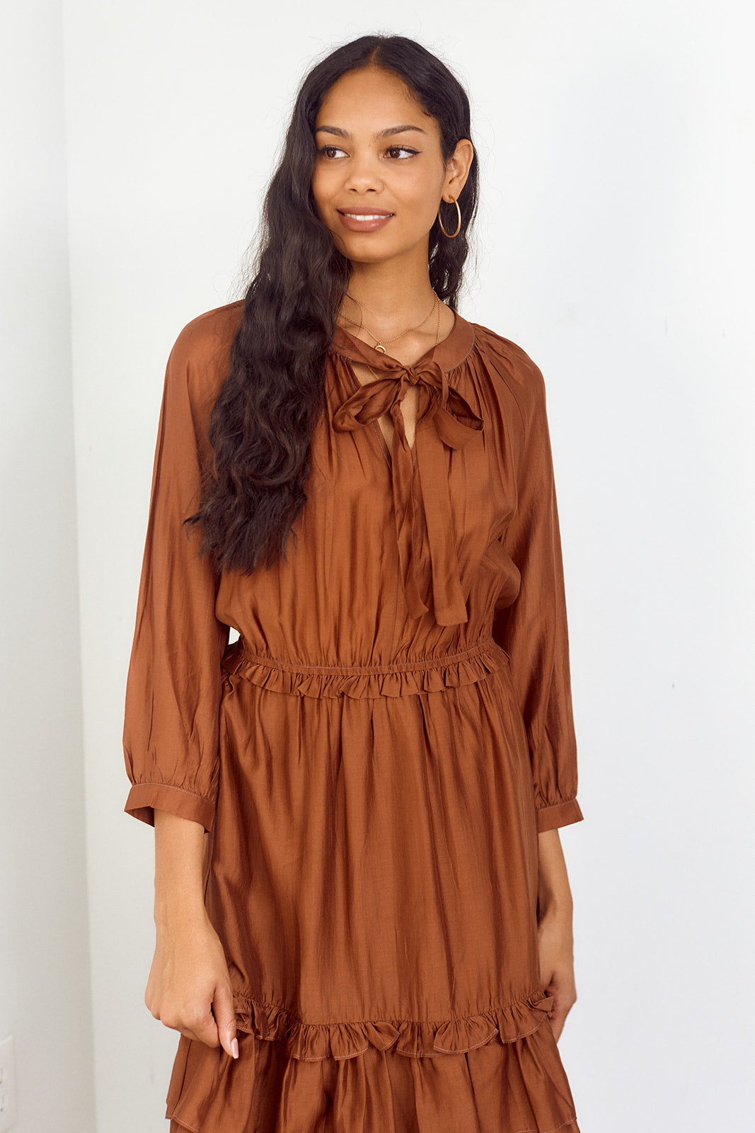 Benefield Tie Neck Tiered Midi Dress